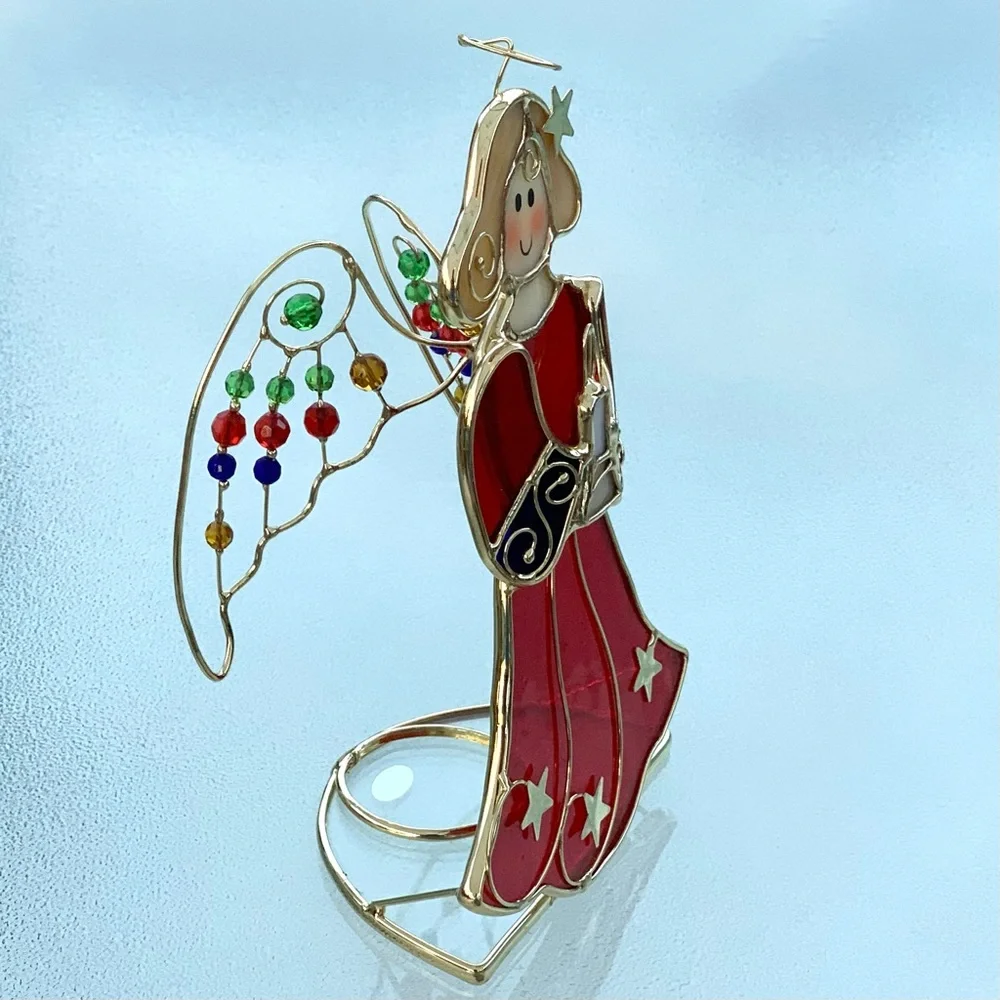 Stained Glass Angel Holiday Decor - Red and Gold